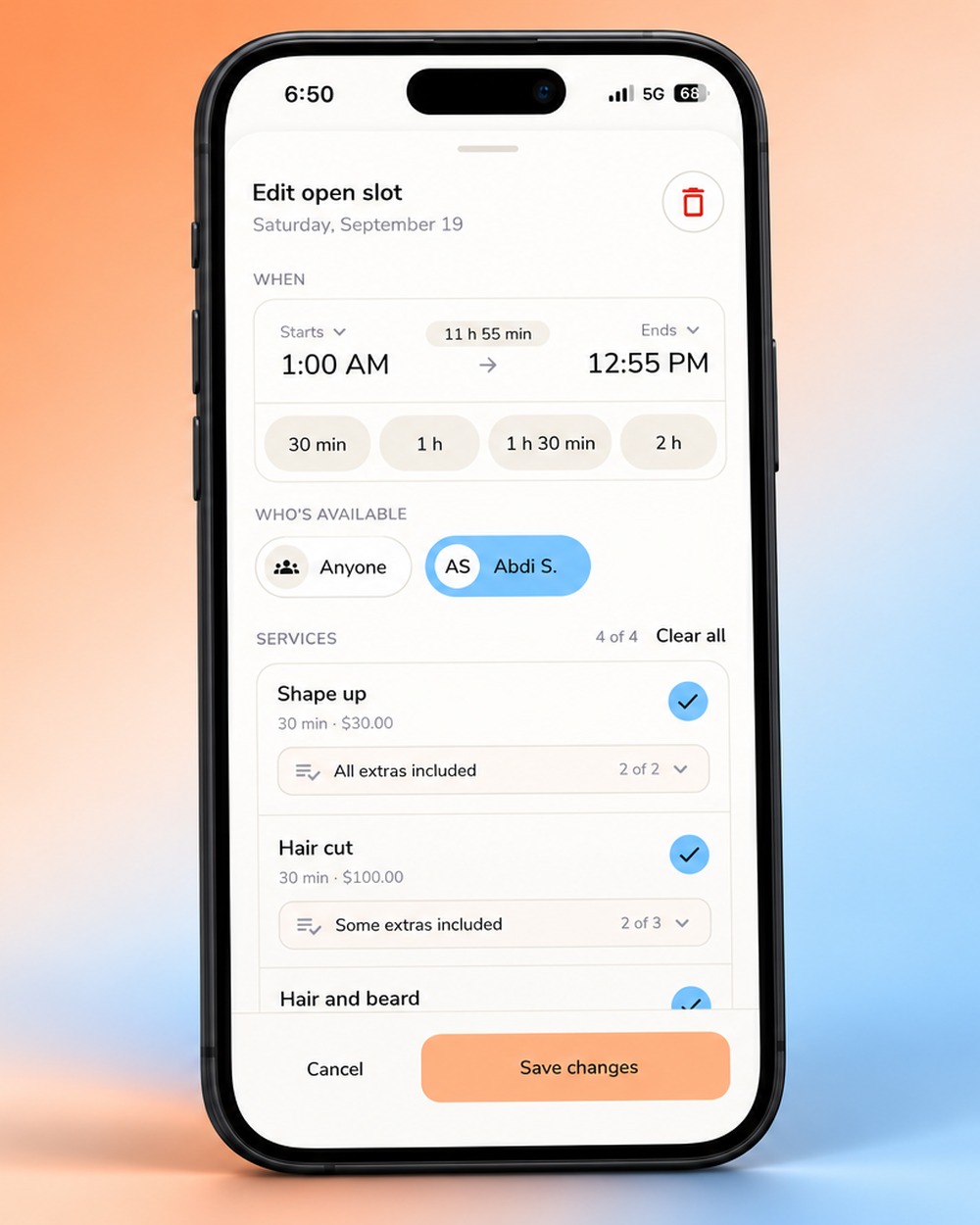 Editing an open slot in the app: the window, who is available, and which services can be booked in it.